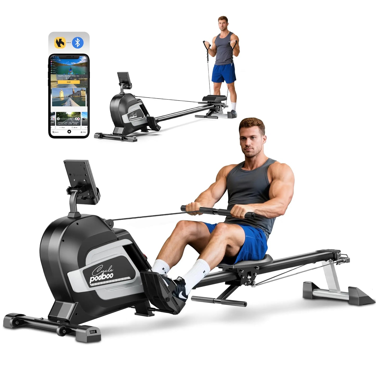 Pooboo Magnetic Rowing Machine For Home With Bluetooth Adjustable Resistance