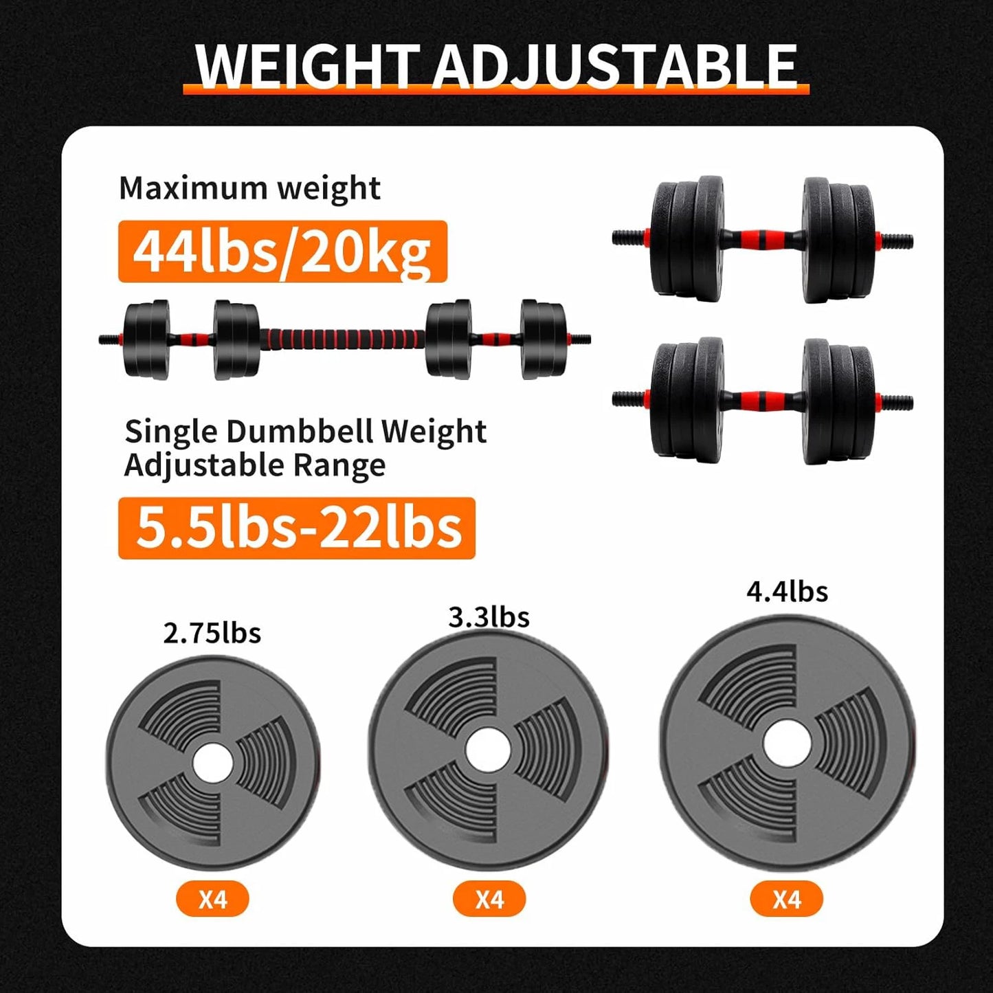Adjustable Dumbbell Barbell Set 5 44 Lbs Anti Slip Grip