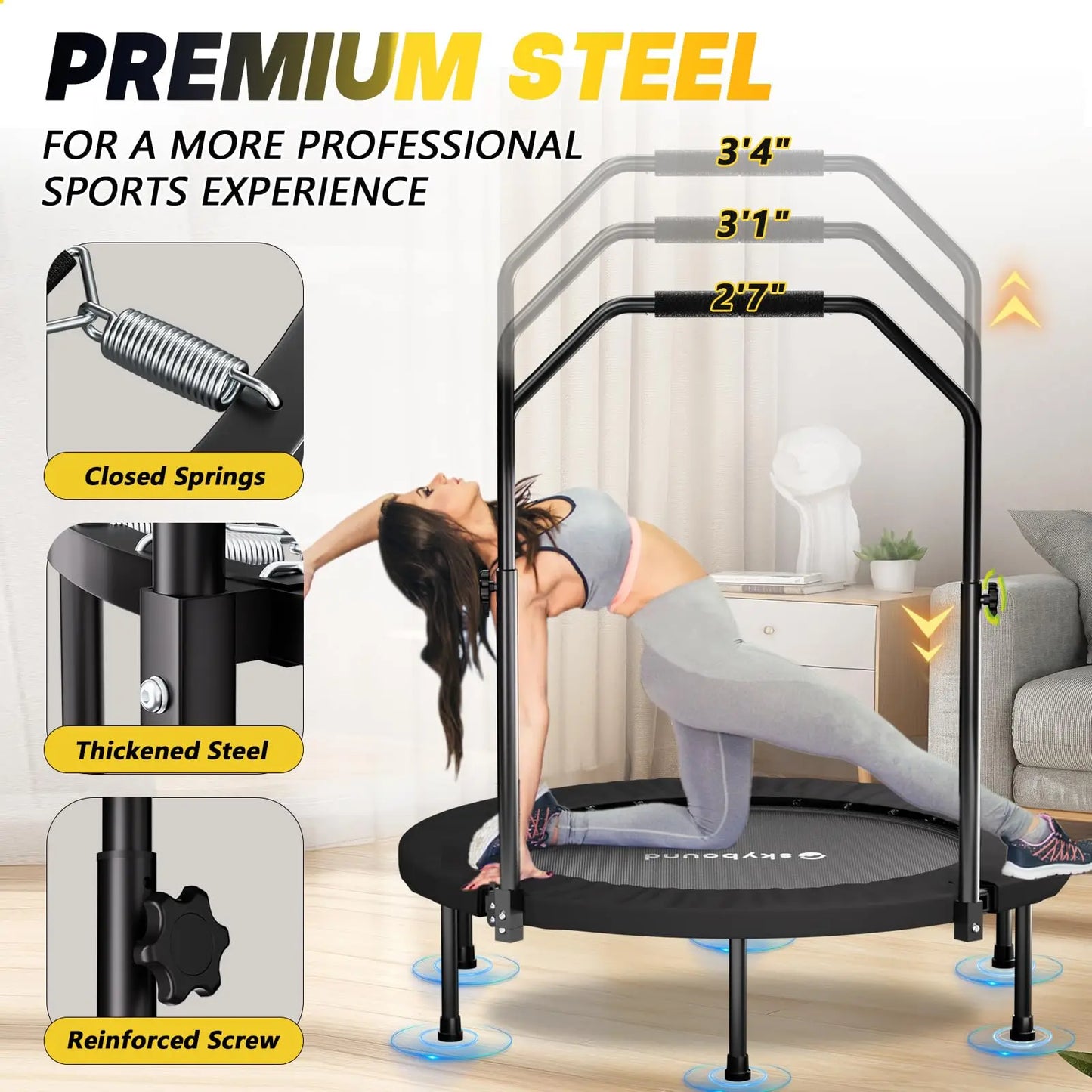 Foldable Rebounder Trampoline with Adjustable U Bar Handle