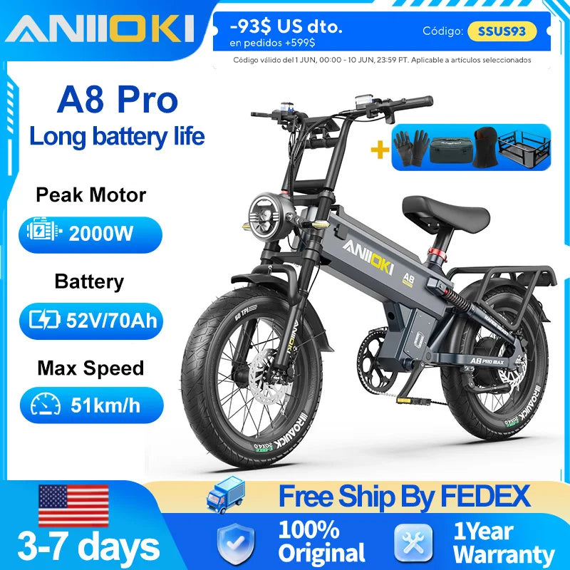 A8 Pro Max Ebike 2000W Peak Motor 52V Battery System