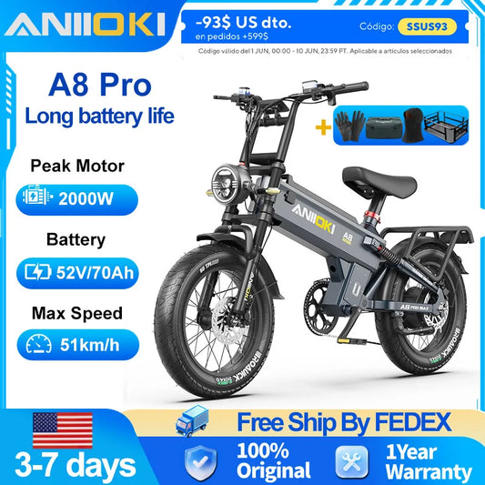 A8 Pro Max Ebike 2000W Peak Motor 52V Battery System