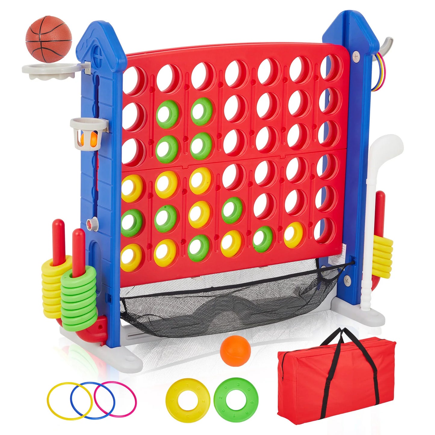 Giant 4 In 1 Connect Game Set With Adjustable Height Basketball Hoop