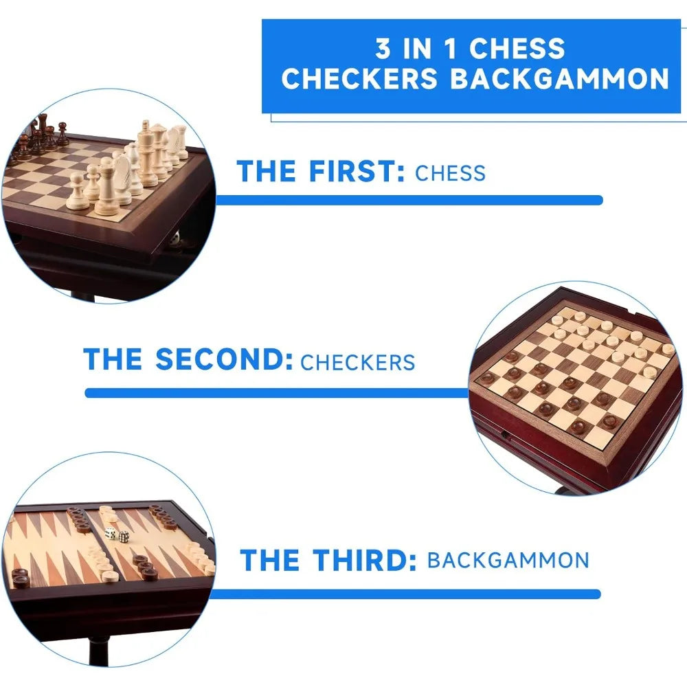 Wooden 3-In-1 Chess Checkers Backgammon Table Set With Storage