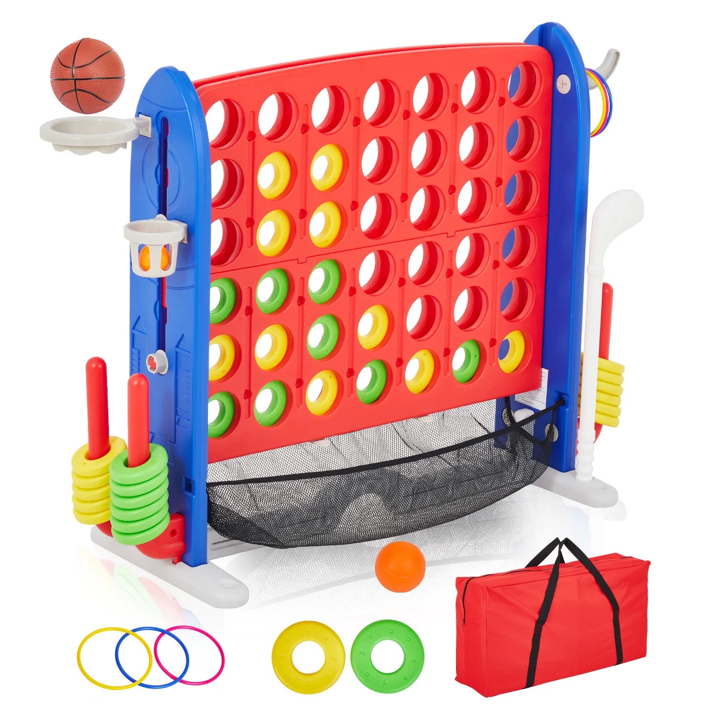 Giant 4 In 1 Connect Game Set With Adjustable Height Basketball Hoop