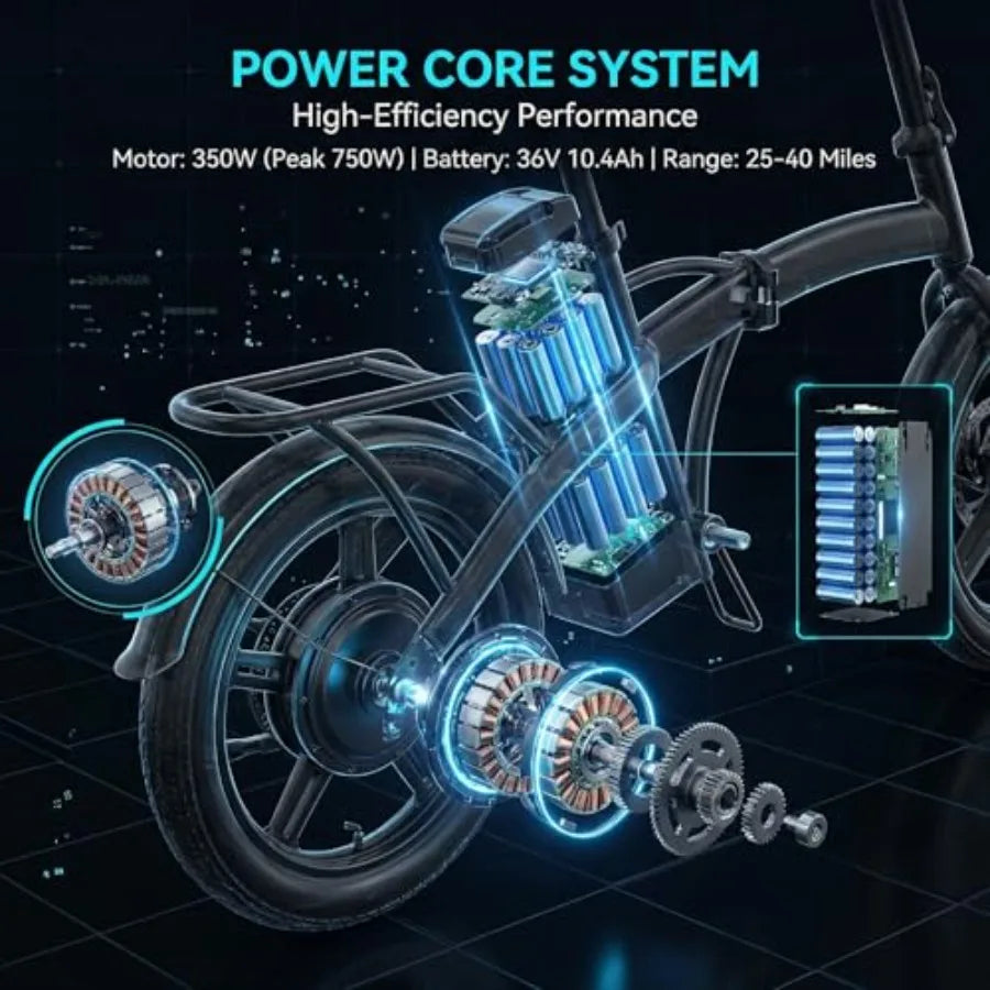 Folding Electric Bike 750W Peak Motor 20 MPH 36V 10.4Ah Battery Range 20-40mi