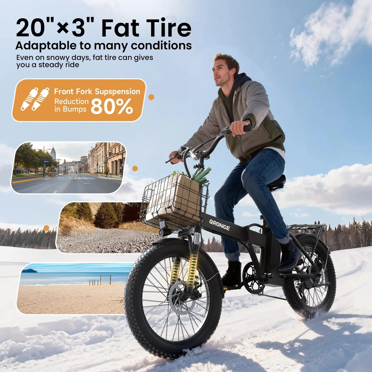 QRONGE Waterfall Folding Electric Bike 1000W Peak 48V Battery