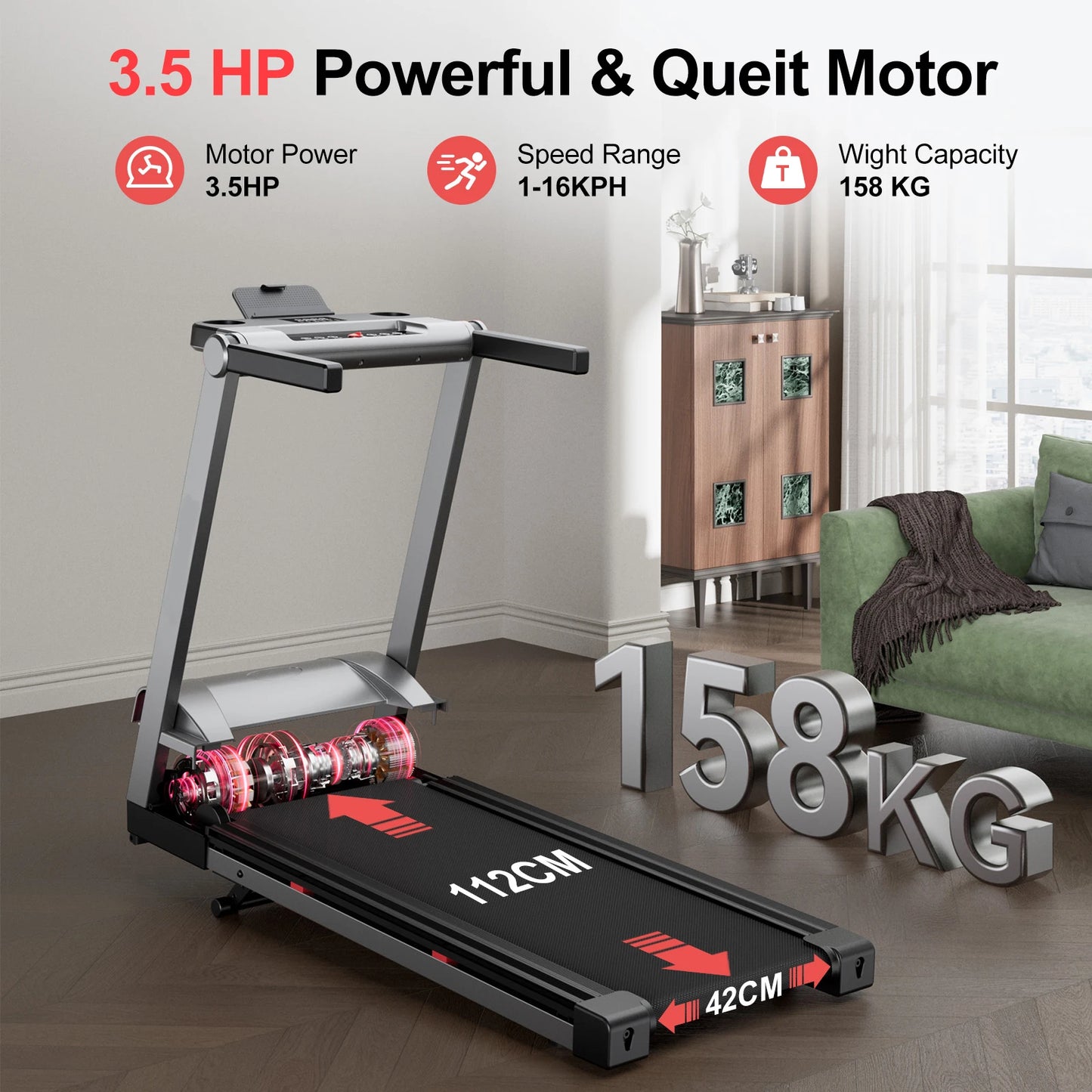 Superun Foldable Incline Treadmill With Touch Screen App Monitoring