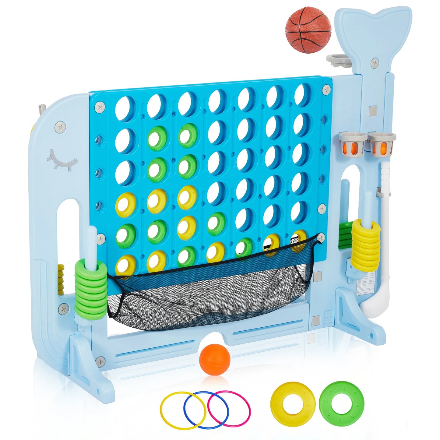 Giant 4 In 1 Connect Game Set With Adjustable Height Basketball Hoop