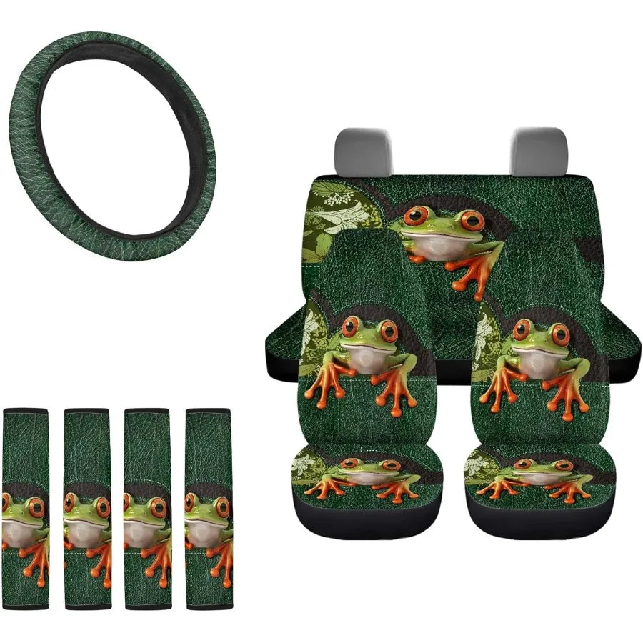 Frog Print Car Seat Cover Set For SUVs And Sedans 9 Pieces