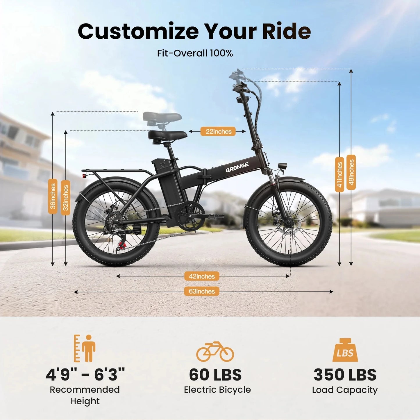 QRONGE Waterfall Folding Electric Bike 1000W Peak 48V Battery