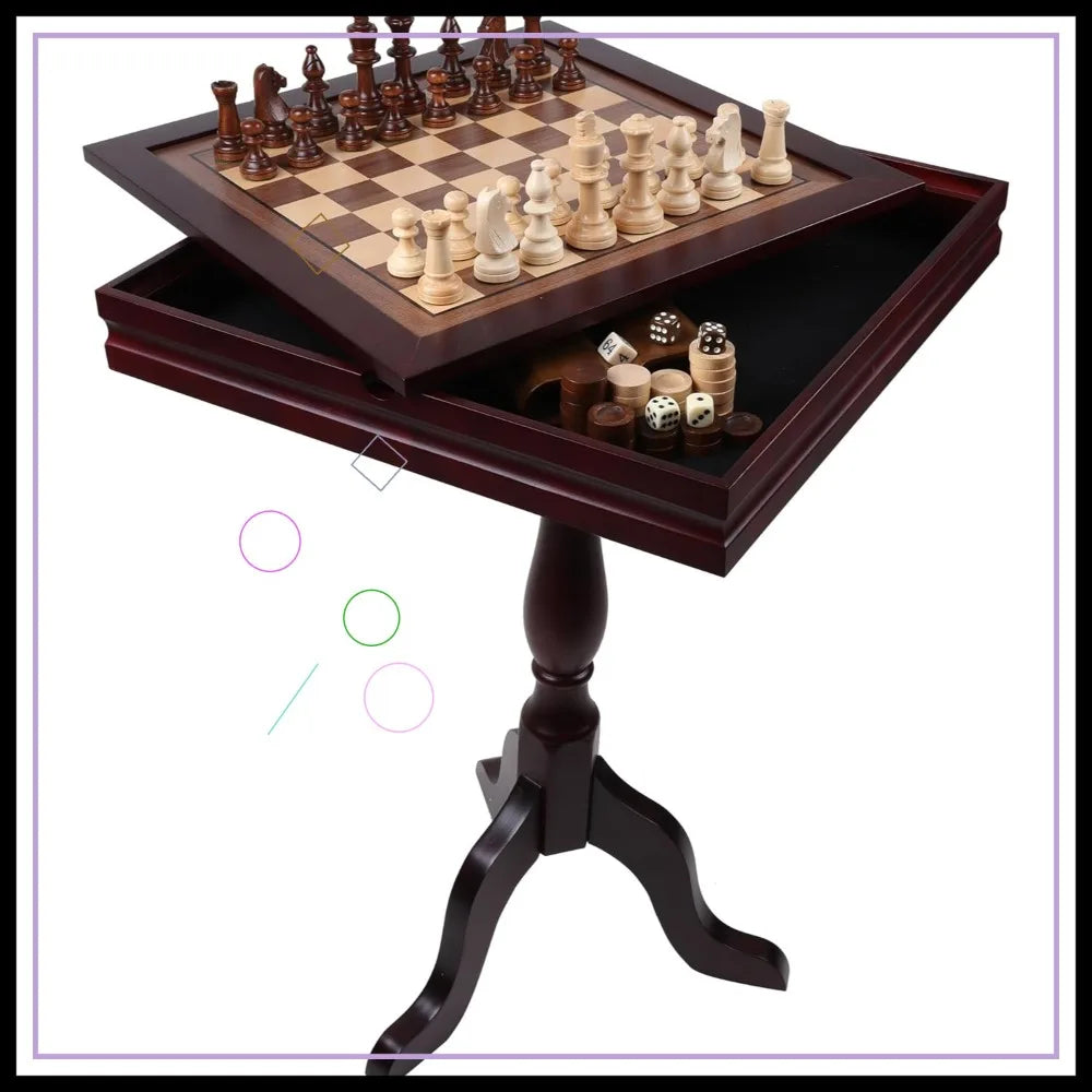 Wooden 3-In-1 Chess Checkers Backgammon Table Set With Storage