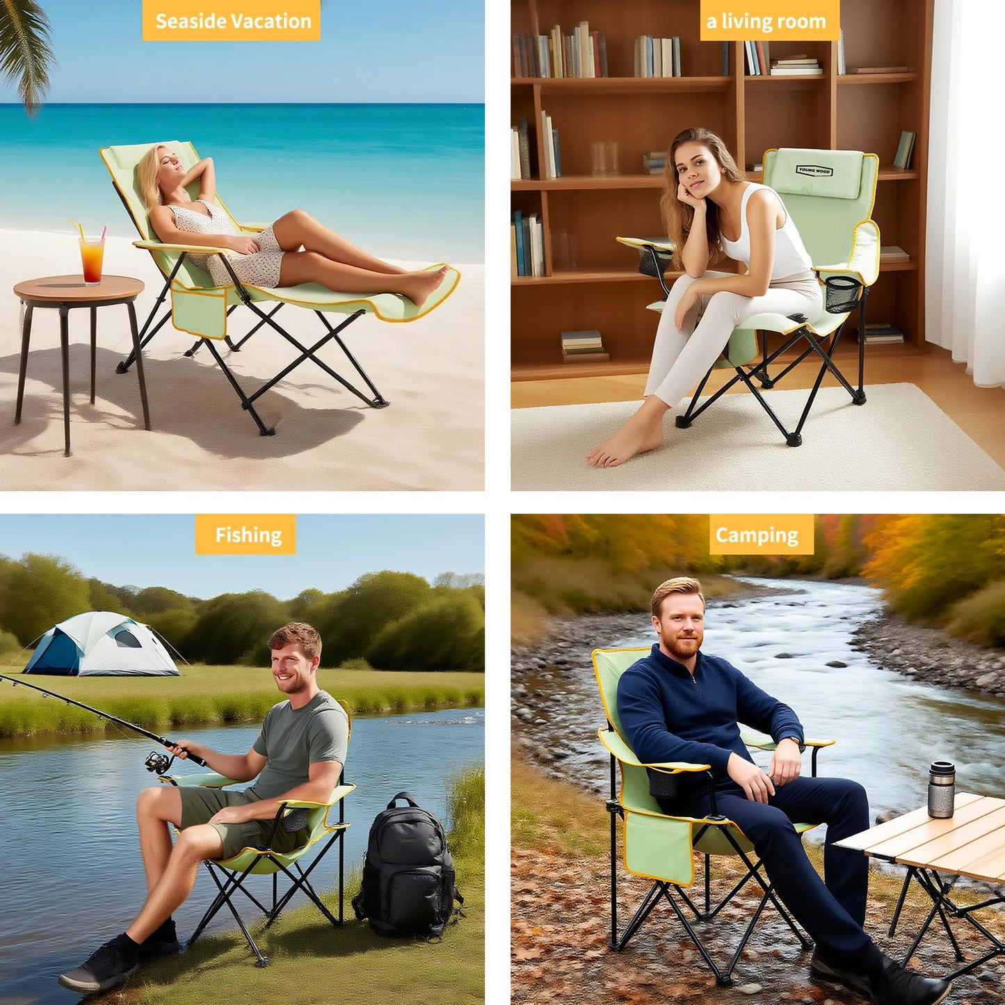 GERC Young Wood 2 In 1 Reclining Camping Chair Portable