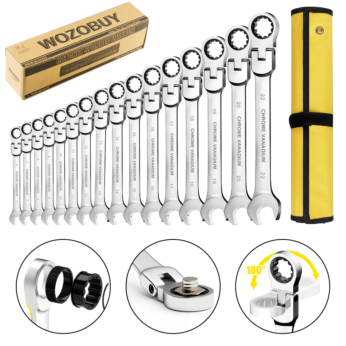WOZOBUY Ratcheting Wrench Set With Flexible Head Durable Steel