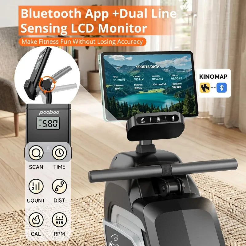Pooboo Magnetic Rowing Machine For Home With Bluetooth Adjustable Resistance