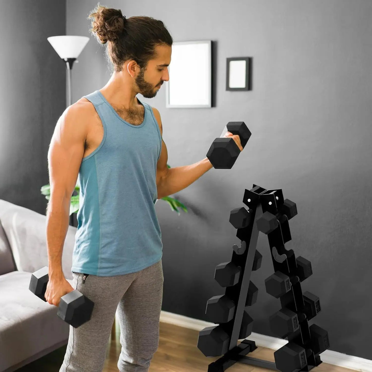 Rubber Hex Dumbbell Set With Optional Rack For Home Gym