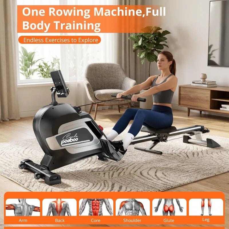 Pooboo Magnetic Rowing Machine For Home With Bluetooth Adjustable Resistance