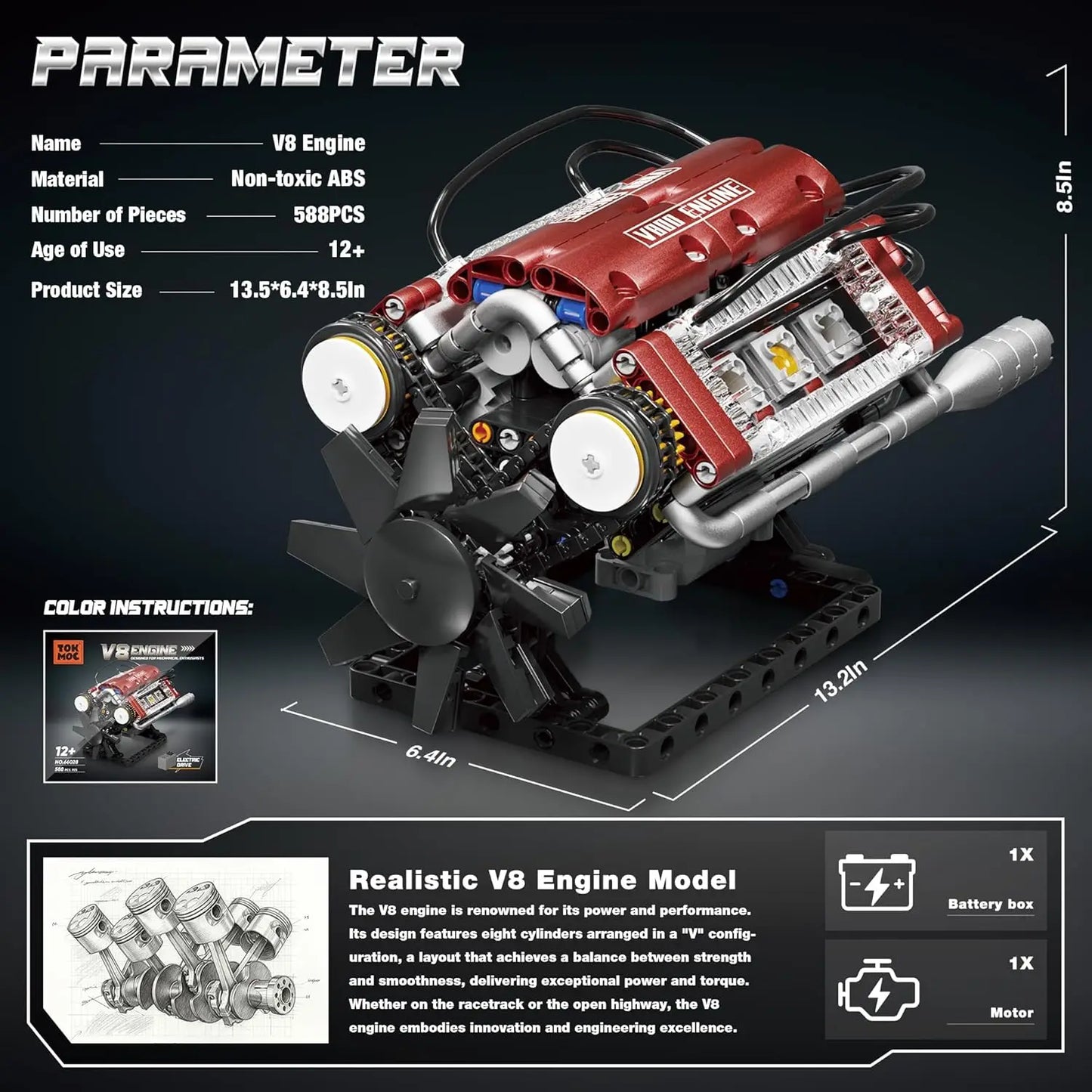 V8 Engine Model Kit With Moving Pistons And 588 Pieces