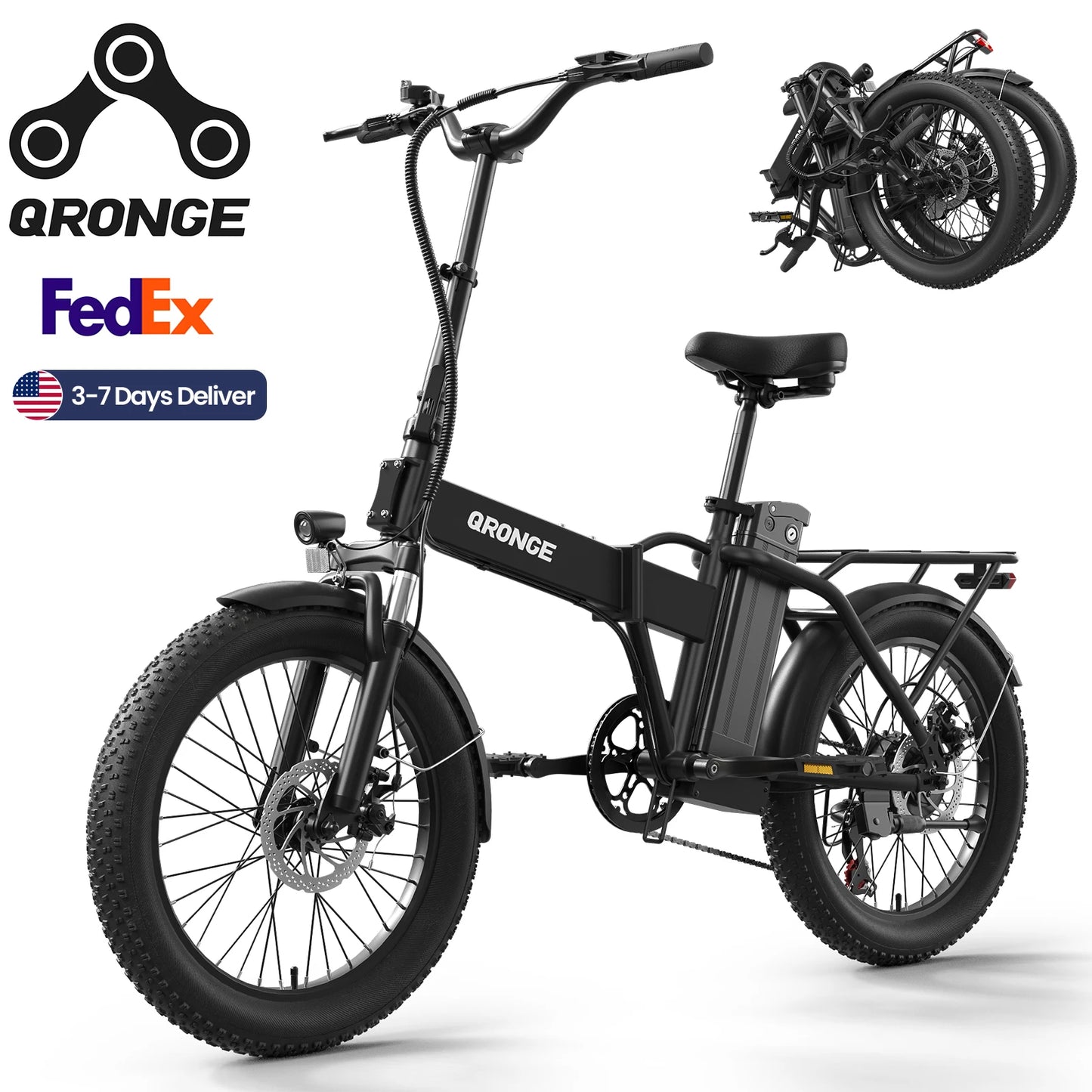 QRONGE Waterfall Folding Electric Bike 1000W Peak 48V Battery