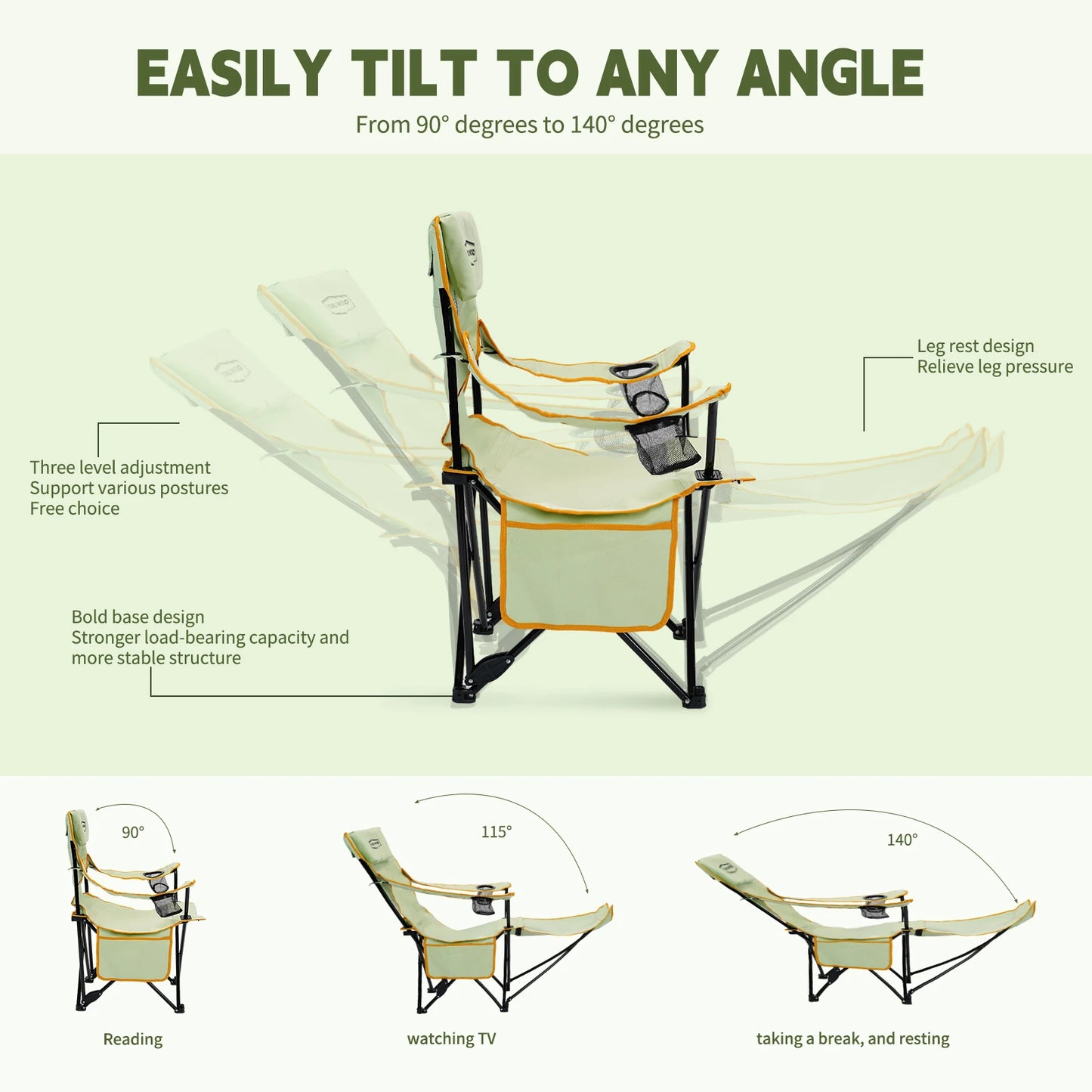 GERC Young Wood 2 In 1 Reclining Camping Chair Portable