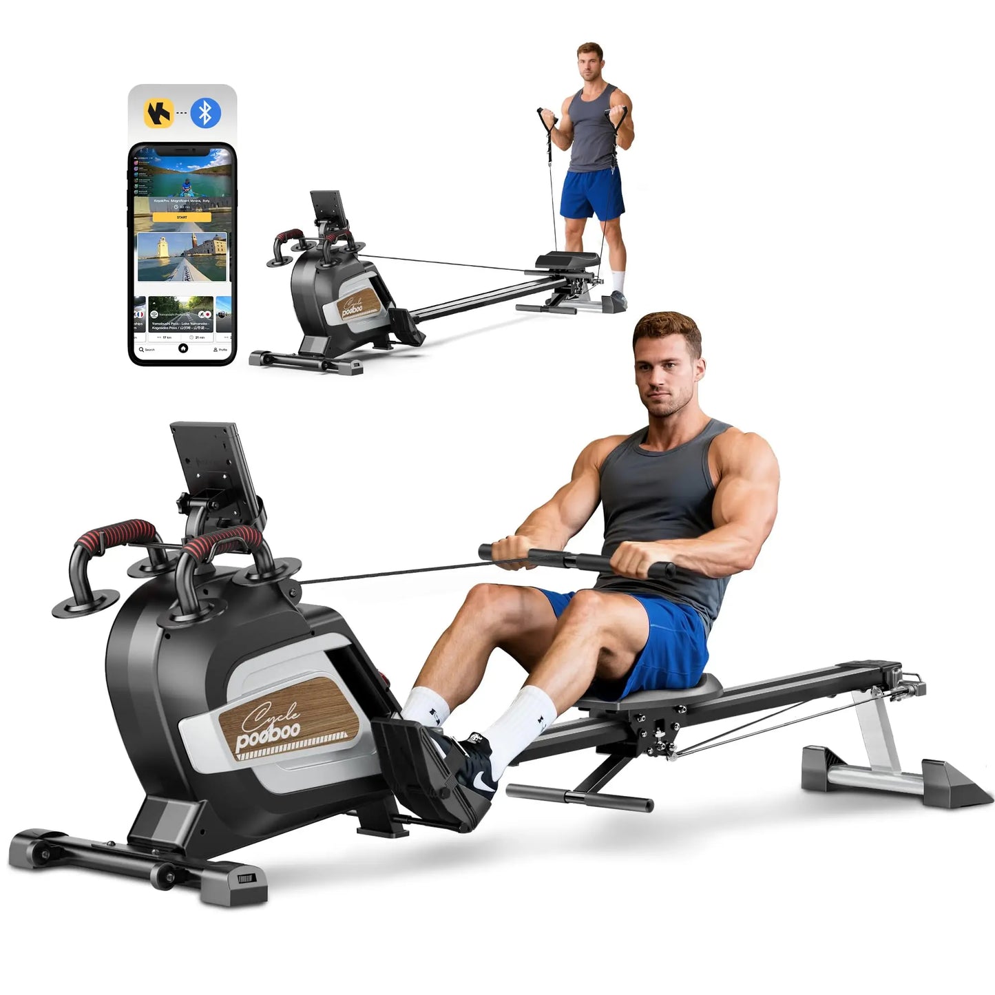 Pooboo Magnetic Rowing Machine For Home With Bluetooth Adjustable Resistance