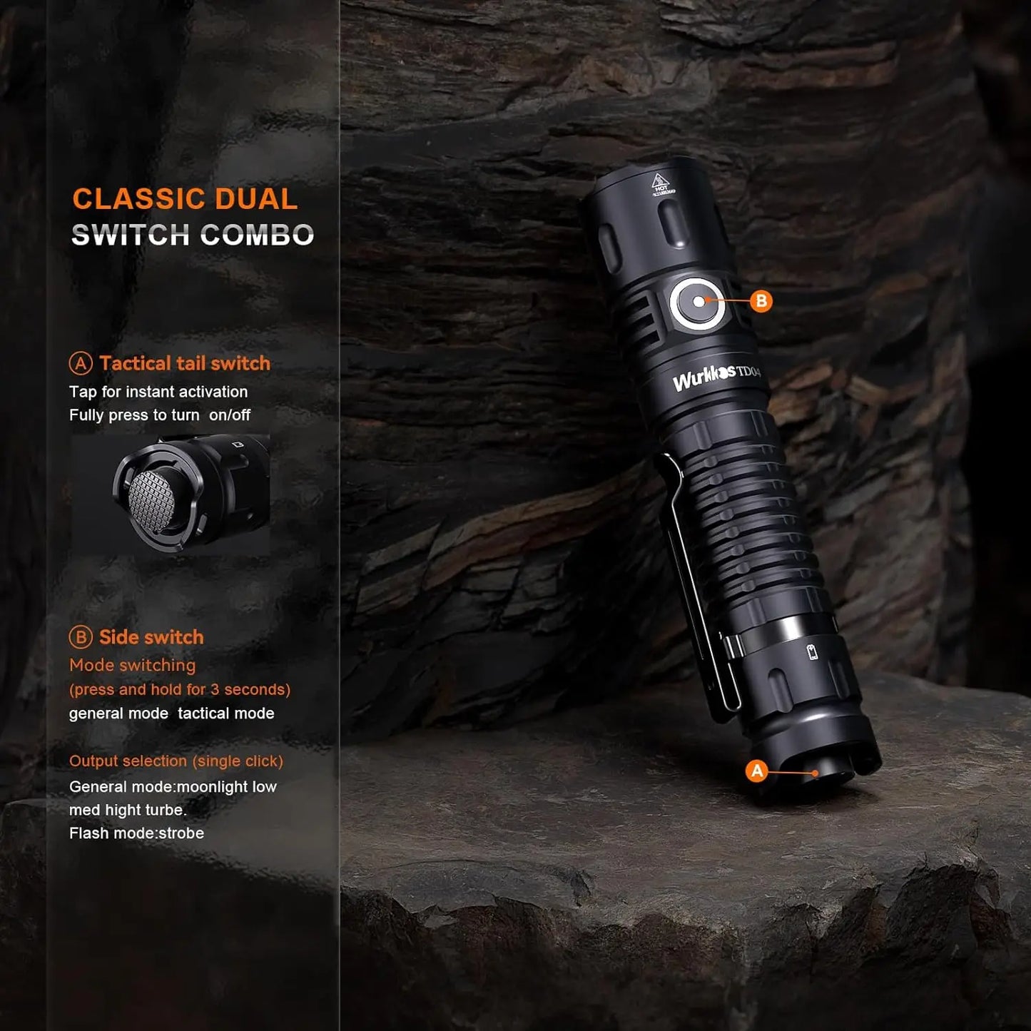 Wurkkos TD04 Dual Mode 21700 Rechargeable Flashlight with Tail Switch