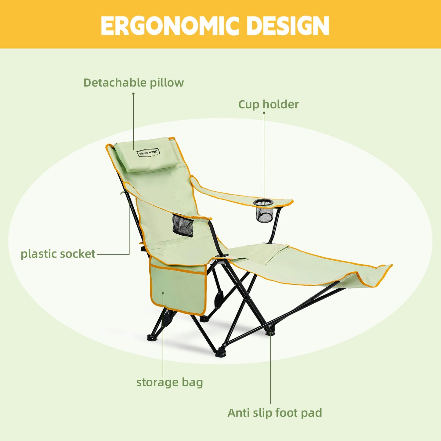 GERC Young Wood 2 In 1 Reclining Camping Chair Portable