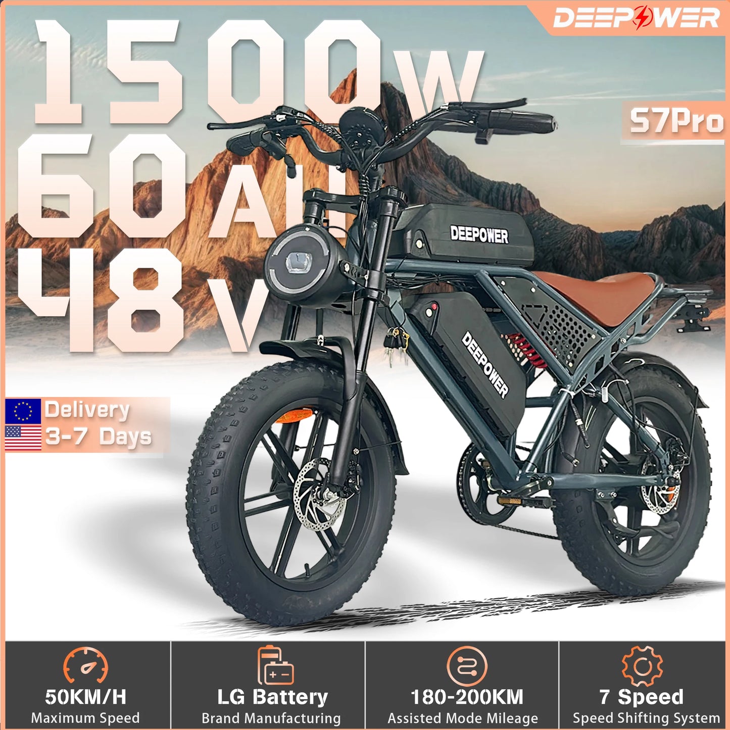 DEEPOWER S7Pro Off Road Electric Bike 1500W 48V 60Ah Battery