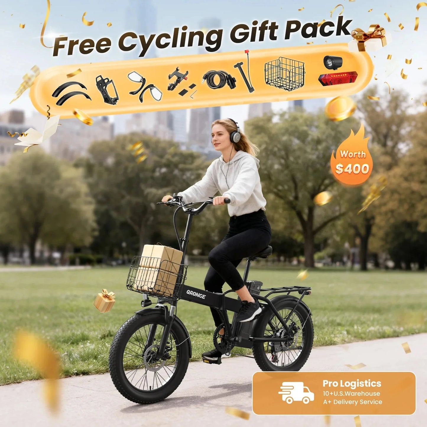 QRONGE Waterfall Folding Electric Bike 1000W Peak 48V Battery