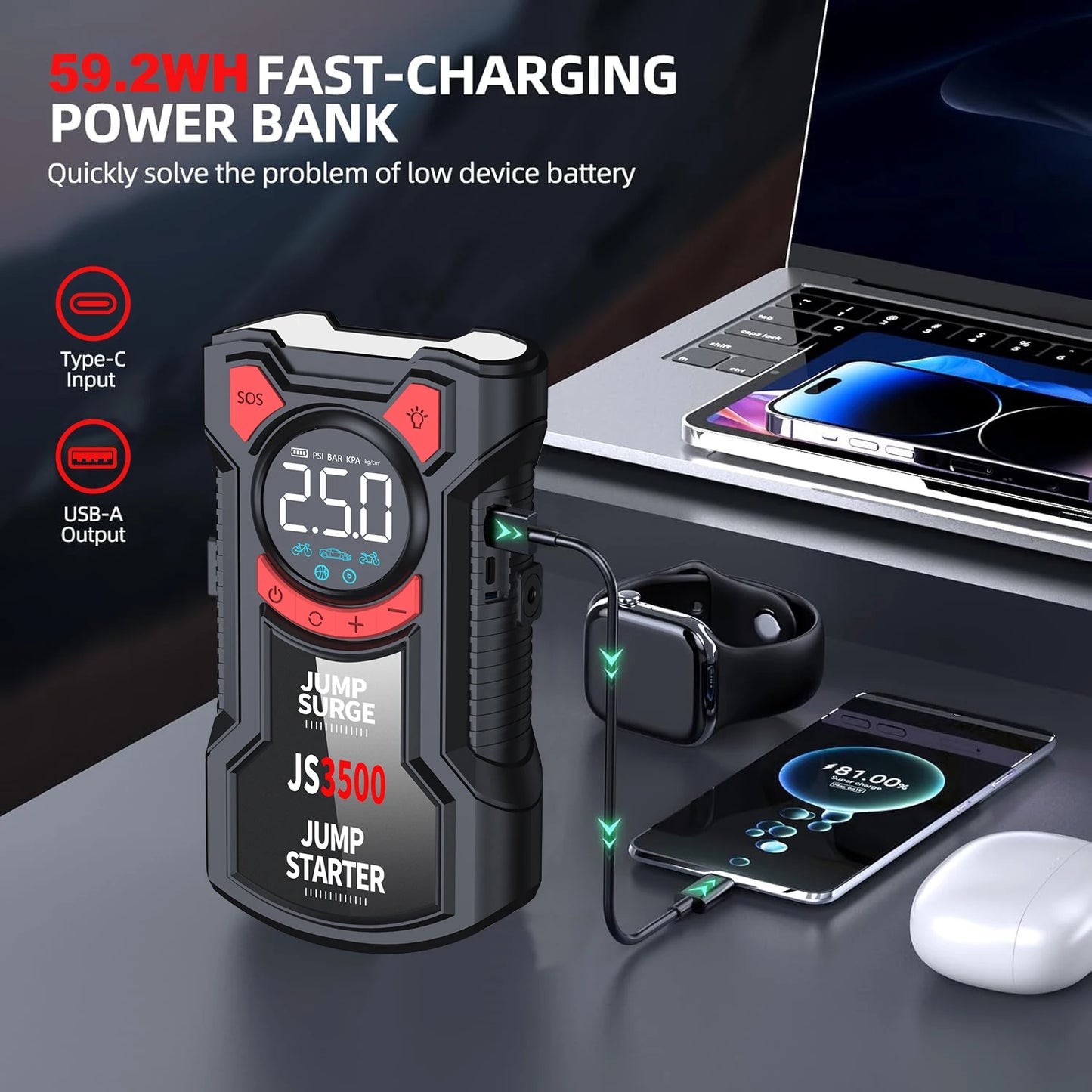 5-in-1 Jump Starter With Air Pump And Tire Inflator