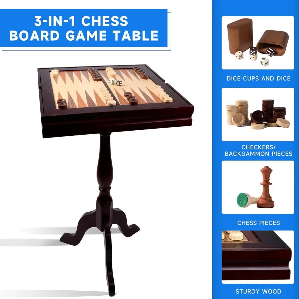 Wooden 3-In-1 Chess Checkers Backgammon Table Set With Storage