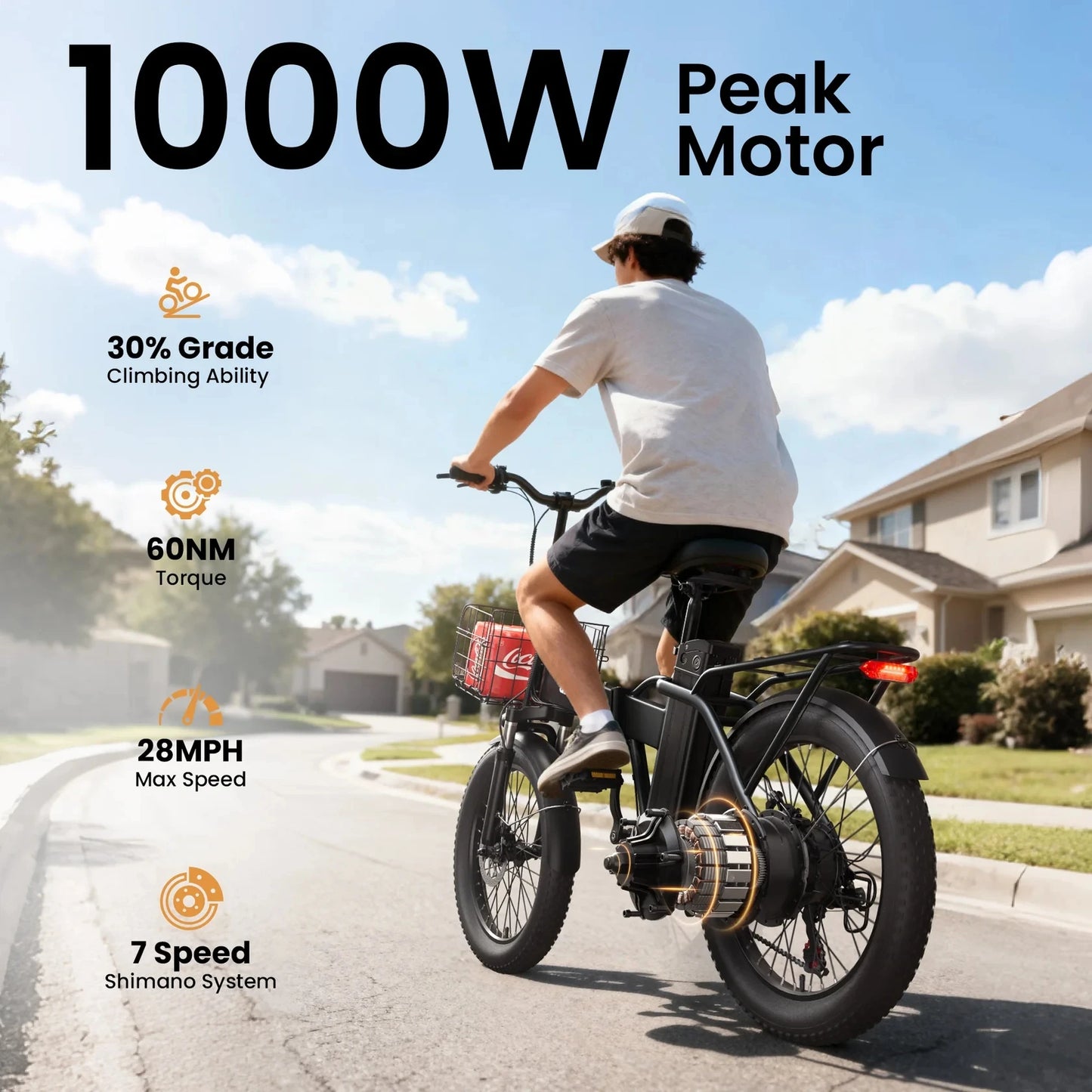 QRONGE Waterfall Folding Electric Bike 1000W Peak 48V Battery